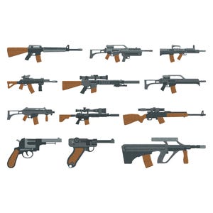 May include: An illustration of various firearms, including rifles, shotguns, and pistols. The weapons are depicted in a flat, cartoon style, with brown and gray color schemes. Some have scopes and other attachments.