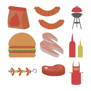May include: An illustration of various barbecue items, including a hamburger, sausages, steaks, salmon steaks, a grill, condiments, a skewer, a bag of charcoal, and an apron. The items are in a cartoon style with a white background.