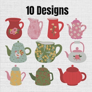 Puede incluir: Una colección digital de 10 diseños que presenta varias teteras y jarras en diversos colores y patrones. El conjunto incluye recipientes rojos, rosas, verdes y amarillos decorados con motivos florales, una ilustración de un gallo y acabados texturizados.