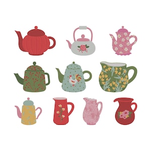May include: A collection of nine decorative teapots and pitchers in various colors and patterns. The teapots include red, green, and pink designs, while the pitchers feature floral and rooster motifs. The image is set against a white background.
