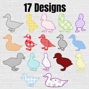 May include: A digital collection of 17 designs featuring duck silhouettes in various patterns and colors, including polka dots, plaid, gingham, stripes, floral prints, and solid colors, arranged in a grid on a light gray textured background.