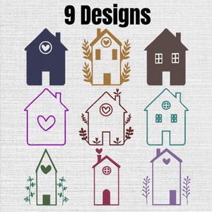 以下が含まれることがあります： 上部に「9 Designs」というテキストがあり、その下に9つの異なる家のイラストがグリッド状に配置されたデジタルグラフィック。家々は色やスタイルが異なり、輪郭線や塗りつぶされた形状で、ハートのモチーフ、窓、植物などが描かれています。