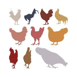 May include: A collection of eleven colorful rooster and hen silhouettes in various shades of brown, red, orange, and tan. The poultry shapes are arranged on a white background, with each bird in a different pose.