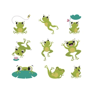 May include: A collection of nine cartoon frogs in various poses. The frogs are primarily light green with yellow bellies and black eyes. Some frogs are jumping, while others are sitting on lily pads or under leaves. A bee flies near one frog.