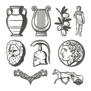 May include: Grayscale illustrations of ancient Greek symbols. The image includes a vase, a lyre, an olive branch, a statue, a bearded face, a helmet, a coin with a profile, a decorative design, and a horse-drawn chariot.