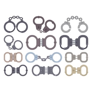 Op de afbeelding: Een verzameling verschillende handboeien in verschillende kleuren en stijlen. De handboeien zijn in tinten grijs, bruin en blauw. Sommige hebben kettingen, andere een stevige verbindingsbalk. De afbeelding is op een witte achtergrond.