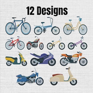May include: A collection of 12 Designs featuring various bicycles, motorcycles, and scooters in diverse colors and styles. The set includes road bikes, mountain bikes, sport motorcycles, and classic scooters, all displayed as individual graphic illustrations.