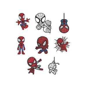 May include: A collection of eight embroidered patches featuring the character Spider-Man in various poses. The designs include full-color versions in red and blue, as well as black and white line art versions, all showcasing the iconic web pattern.