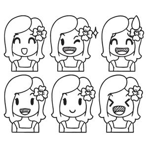 May include: A collection of six black and white cartoon illustrations of a girl with different facial expressions. Each girl has short hair, a flower in her hair, and a simple dress. The expressions include smiling, winking, and laughing.