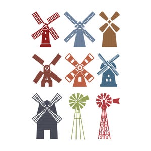 May include: Nine colorful windmill illustrations in various designs and colors, including red, blue, brown, orange, green, and gray. The windmills have different blade styles and tower shapes, set against a white background.
