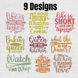Paquete de bordado a máquina con frases de cocina, juego de 9, descarga instantánea de bordados de cocina