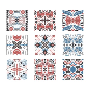 May include: Nine square designs with folk art floral and bird motifs. Each square features a unique symmetrical pattern in red, blue, black, and white. The designs include stylized flowers, leaves, and bird figures, creating a cohesive folk art theme.