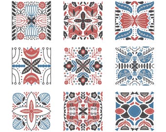 Folk Geometric Machine Embroidery Bundle, Set of 9, Square Embroidery Instant Download