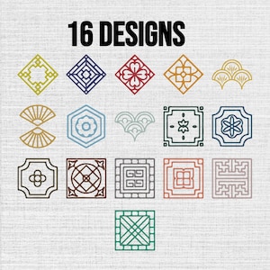 May include: A collection of 16 designs featuring various geometric, floral, and fan-shaped patterns in multiple colors. Each icon is presented as a distinct line-art graphic arranged in a grid, showcasing diverse shapes including squares, hexagons, and curves.