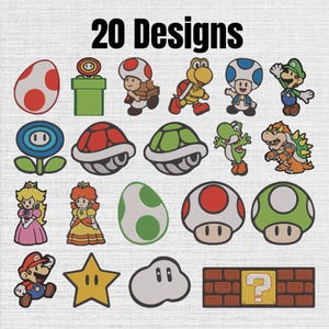 Op de afbeelding: Een verzameling van 20 geborduurde patches met diverse personages en items uit de Super Mario-videogameserie, waaronder Mario, Luigi, Prinses Peach, Daisy, Toad, Yoshi, Bowser, Koopa Troopa, paddenstoelen, sterren en bakstenen.