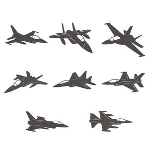 May include: A collection of eight dark gray jet airplane silhouettes against a white background. The aircraft vary in design, showcasing different wing and tail configurations. The image is a graphic illustration of various fighter jets.