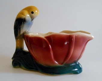 Mid Century Parrot Resting on a Flower Ceramic Planter