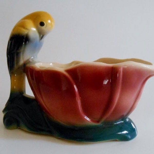 Mid Century Parrot Resting on a Flower Ceramic Planter