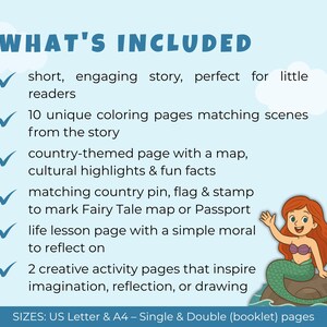 May include: A light blue graphic with the text "WHAT'S INCLUDED" and a list of features, including a story, coloring pages, and activity pages. A cartoon mermaid is in the bottom right corner. Sizes: US Letter & A4.