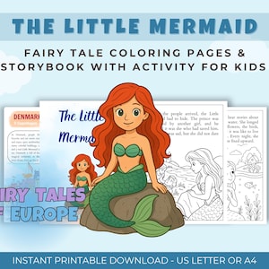 May include: A digital download featuring "The Little Mermaid" fairy tale coloring pages and a storybook with activities for kids. The cover art includes a cartoon mermaid with red hair and a green tail, along with the text "Fairy Tales of Europe."