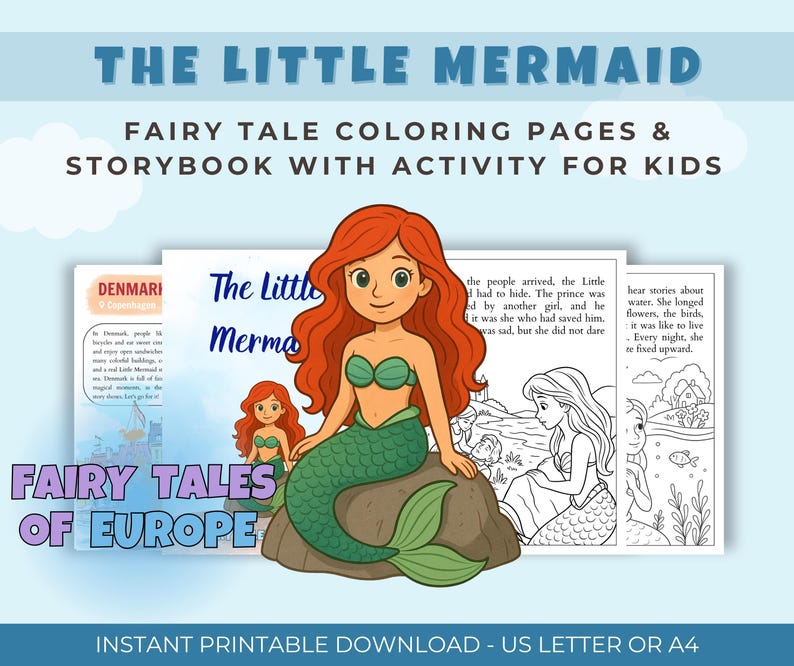 May include: A digital download featuring "The Little Mermaid" fairy tale coloring pages and a storybook with activities for kids. The cover art includes a cartoon mermaid with red hair and a green tail, along with the text "Fairy Tales of Europe."