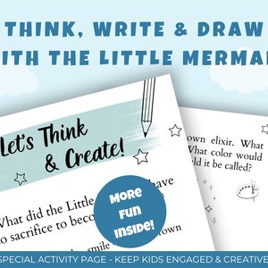 May include: Activity pages with text "Think, Write & Draw With The Little Mermaid" and "Let's Think & Create!". Includes a blue circle with "More Fun Inside!" and text "Special Activity Page - Keep Kids Engaged & Creative!"