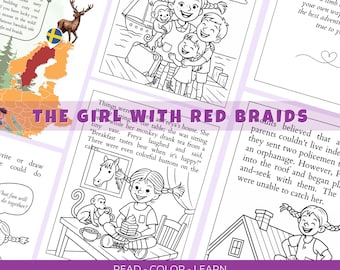 The Girl with Red Braids Coloring Storybook Printable for Kids | Fairy Tale Story + Coloring Pages | Homeschool & Quiet Time Activity PDF
