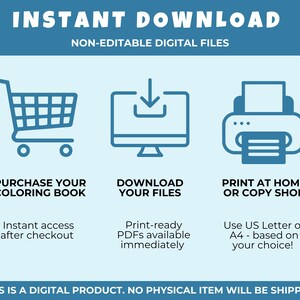 May include: Blue graphic with text "INSTANT DOWNLOAD" and icons for a shopping cart, computer, and printer. Text includes "PURCHASE YOUR COLORING BOOK," "DOWNLOAD YOUR FILES," and "PRINT AT HOME OR COPY SHOP." Additional text states "THIS IS A DIGITAL PRODUCT. NO PHYSICAL ITEM WILL BE SHIPPED."