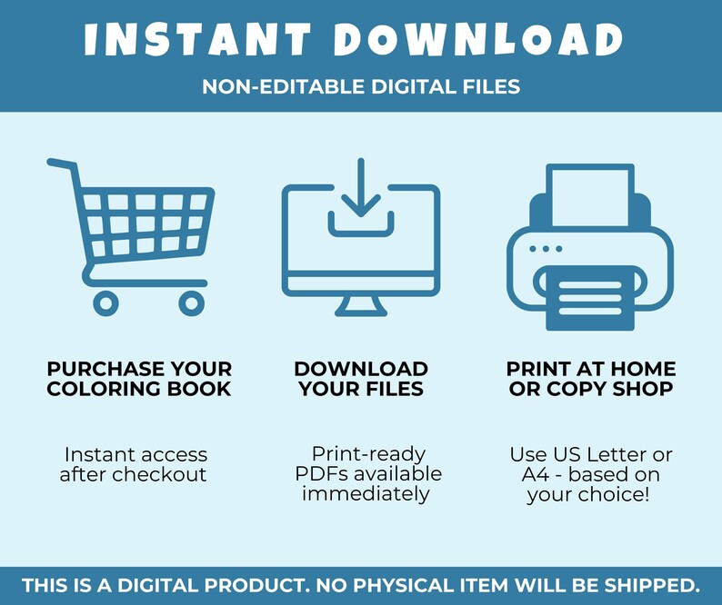May include: Blue graphic with text "INSTANT DOWNLOAD" and icons for a shopping cart, computer, and printer. Text includes "PURCHASE YOUR COLORING BOOK," "DOWNLOAD YOUR FILES," and "PRINT AT HOME OR COPY SHOP." Additional text states "THIS IS A DIGITAL PRODUCT. NO PHYSICAL ITEM WILL BE SHIPPED."