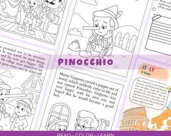 Pinocchio Coloring Storybook Printable PDF | Story + Coloring Pages | 2  Activity Pages | Italy Map & Flag Stamp Bonus | Instant Download