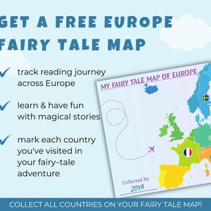 May include: A colorful map of Europe with country outlines and flags, titled "My Fairy Tale Map of Europe." The map is accompanied by text promoting a free map, encouraging users to track their reading journey, learn stories, and mark countries visited.
