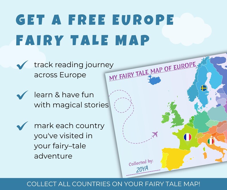 May include: A colorful map of Europe with country outlines and flags, titled "My Fairy Tale Map of Europe." The map is accompanied by text promoting a free map, encouraging users to track their reading journey, learn stories, and mark countries visited.