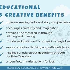 May include: A light blue graphic with the text "EDUCATIONAL & CREATIVE BENEFITS" and a list of benefits for children. A cartoon mermaid is on the right side. The bottom text reads "READ, LEARN, CREATE & GROW IN A FUN WAY!"