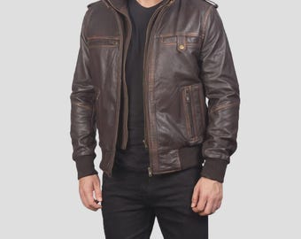 Mens Distressed Brown Leather Bomber Jacket
