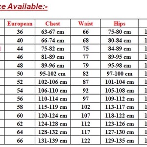 Puede incluir: Una tabla de tallas de trajes con medidas en cent&iacute;metros para pecho, cintura, caderas y altura. Las tallas van desde 140 cm hasta 208 cm de altura, con tallas europeas de 36 a 66.