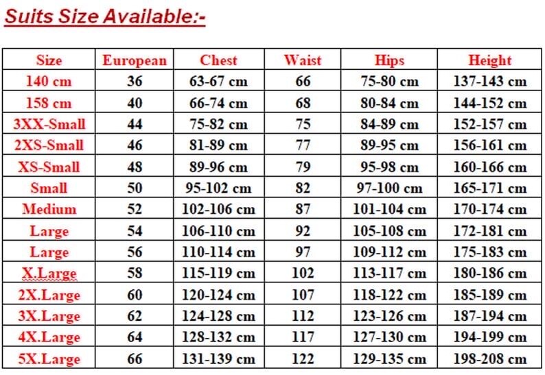 Puede incluir: Una tabla de tallas de trajes con medidas en cent&iacute;metros para pecho, cintura, caderas y altura. Las tallas van desde 140 cm hasta 208 cm de altura, con tallas europeas de 36 a 66.