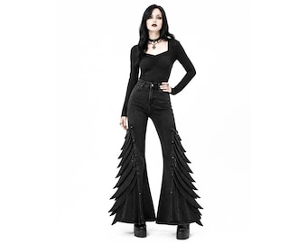 Black Gothic Flare Jeans Women, High Waisted Bell Bottom Pants, Punk Denim Trousers, Alt Grunge Festival Outfit, Goth Clothing Gift