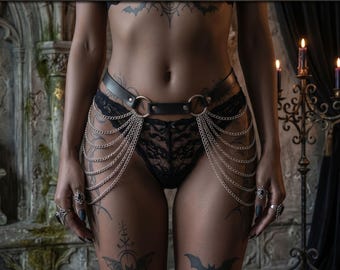 Black Leather Chain Hip Harness Belt, Gothic Draped Body Jewelry, Punk Rave Accessory