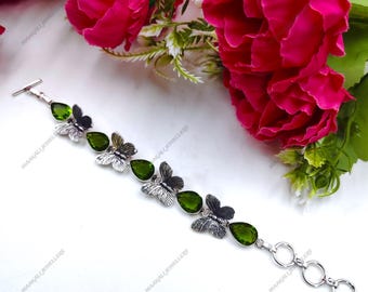 Green Peridot Gemstone 925 Sterling Silver Butterfly Designed Jewellery Bracelet Adjustable Gift For Her"