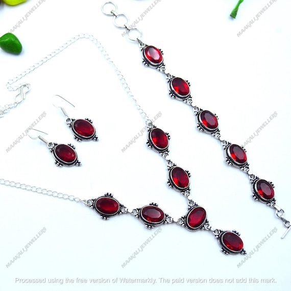 Red Garnet 925 Sterling Silver Necklace Bracelet Earring Set: Bohemian Bridal Jewelry