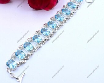 Blue Aquamarine Bracelet Handmade 925 Sterling Silver Antique Bracelet Gemstone Jewelry For Gifts