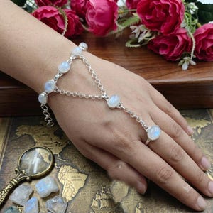 Moonstone Hand Chain Bracelet Ring Set | Sterling Silver Slave Bracelet | Statement Jewelry