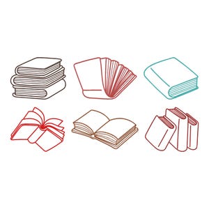 Könnte beinhalten: Strichzeichnung von sechs Büchern in verschiedenen Positionen. Ein Stapel von drei Büchern, eines mit offenen Seiten und ein geschlossenes Buch. Die Bücher sind in Braun, Rot und Türkis gehalten.