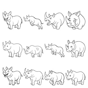May include: A collection of twelve black and white line art illustrations of rhinoceroses in various poses and expressions. The set includes rhinos standing, running, jumping, roaring, and crying, all rendered in a simple, clean cartoon style.