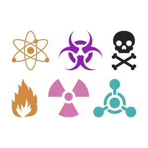 May include: A collection of six embroidered patches featuring science and danger symbols. Includes an atom, biohazard, skull and crossbones, flame, radiation, and a molecule symbol. The patches are in various colors including orange, purple, black, pink, and teal.