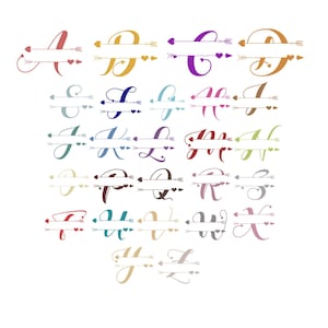 May include: A collection of colorful, cursive letter designs, each featuring an arrow and heart accents. The letters are divided by a horizontal line, with the arrow pointing to the right. The letters are in various colors.