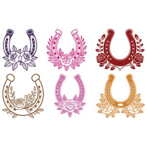 Puede incluir: Seis diseños de herraduras con detalles florales. Cada herradura es de un color diferente, incluyendo morado, rosa y marrón. Los elementos florales incluyen rosas y hojas, añadiendo un toque decorativo a la herradura.