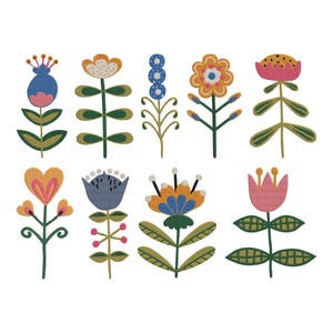 以下が含まれることがあります： カラフルで様式化された花のイラストのコレクション。花は、ハート型、丸型、ベル型など、さまざまな形とデザインを特徴としています。カラーパレットには、ピンク、オレンジ、ブルー、グリーンの色合いが含まれており、白いアクセントがあります。