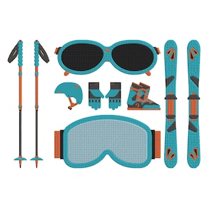May include: A collection of winter sports equipment, including skis, poles, goggles, sunglasses, a helmet, gloves, and boots. The items are in shades of blue, orange, and black, suggesting a cohesive winter sports theme.