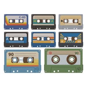 May include: A collection of nine retro cassette tapes in various colors, including blue, green, and tan. Each tape features a label with the number "90" and some with letters like "A", "B", and "C-60". The designs evoke a vintage aesthetic.